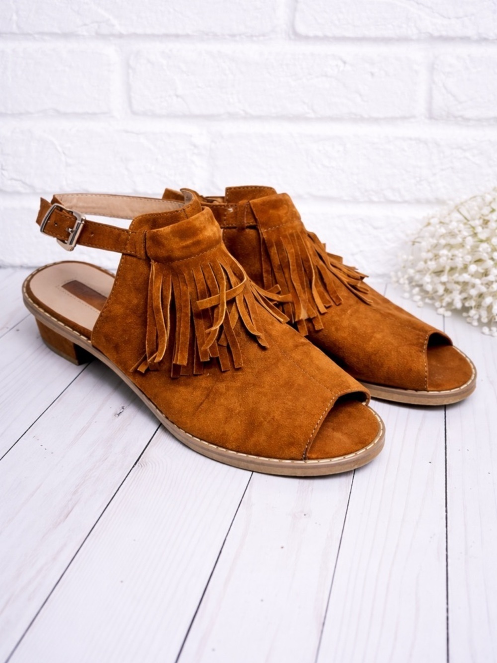Topshop Tan Fringe Open Toe Sandals Size 7/40